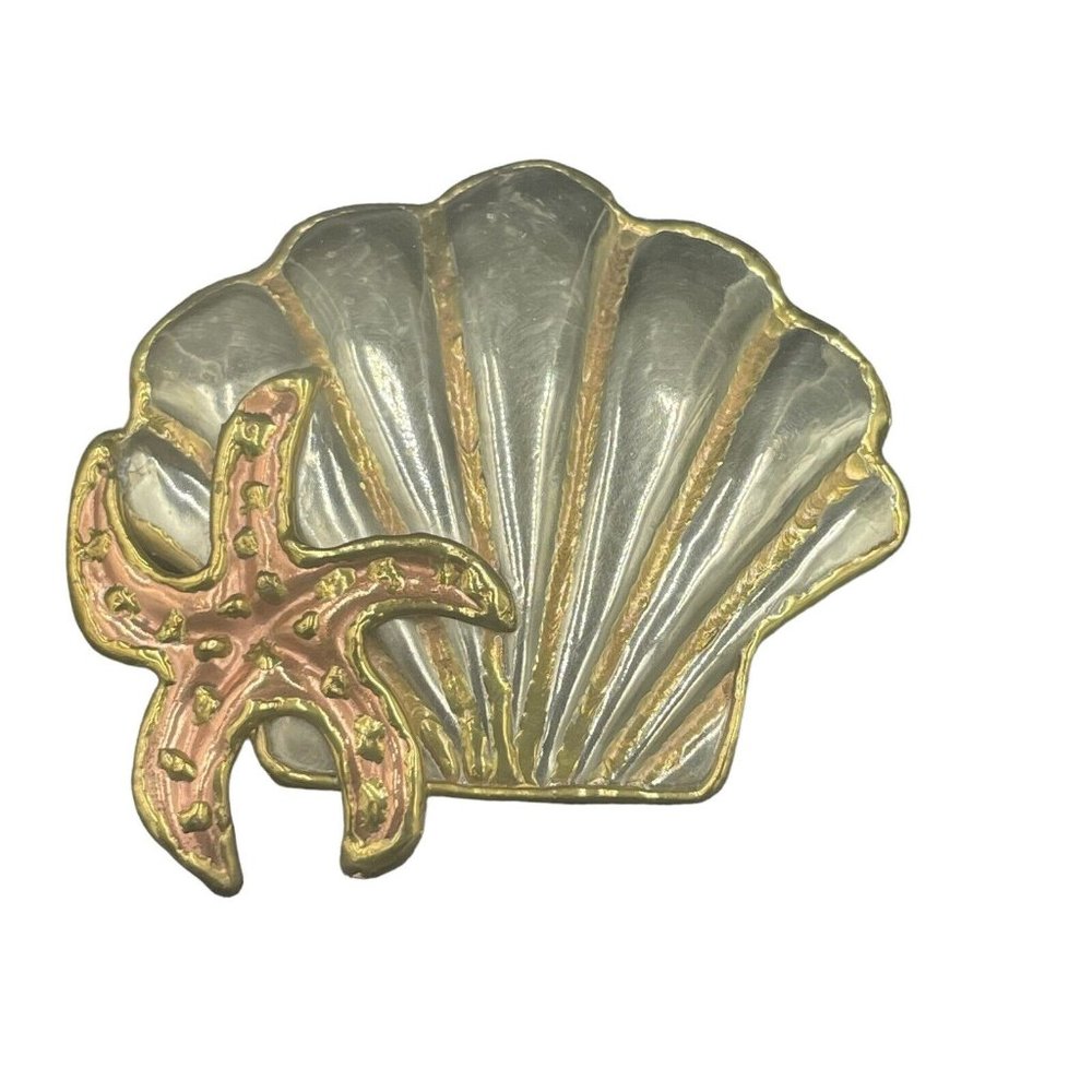 Vintage Beach Brooch Starfish Shell Brooch Pin Pendant 3” Nickel Silver Copper